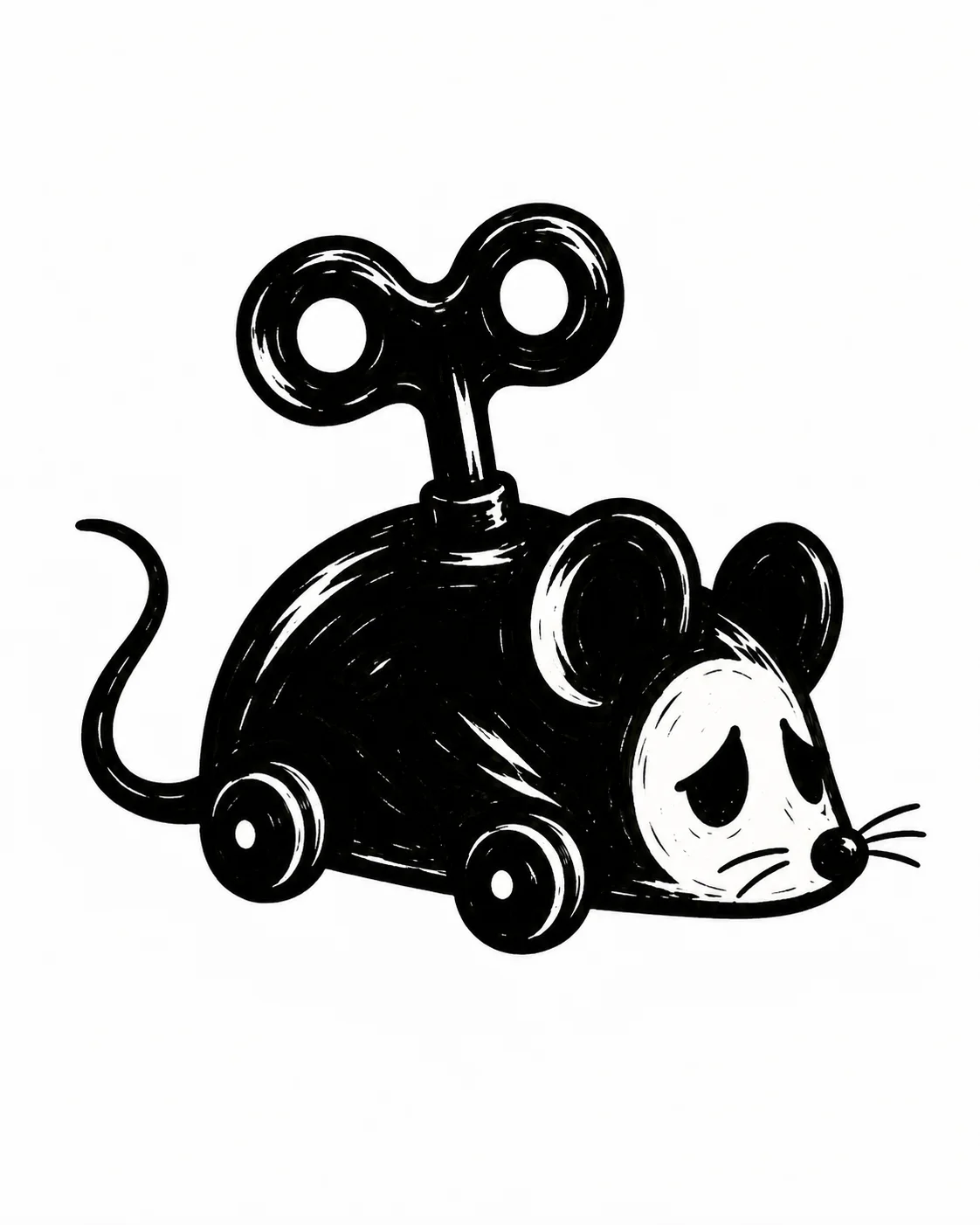 A wind-up mouse toy with an oversized key and a weary face. Black ink tattoo design on white.