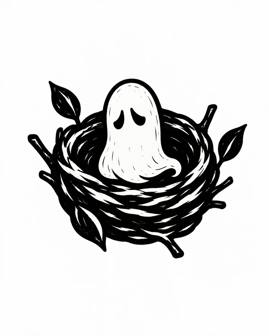 A small bird nest holding one ghost instead of an egg. Black ink tattoo design on white.