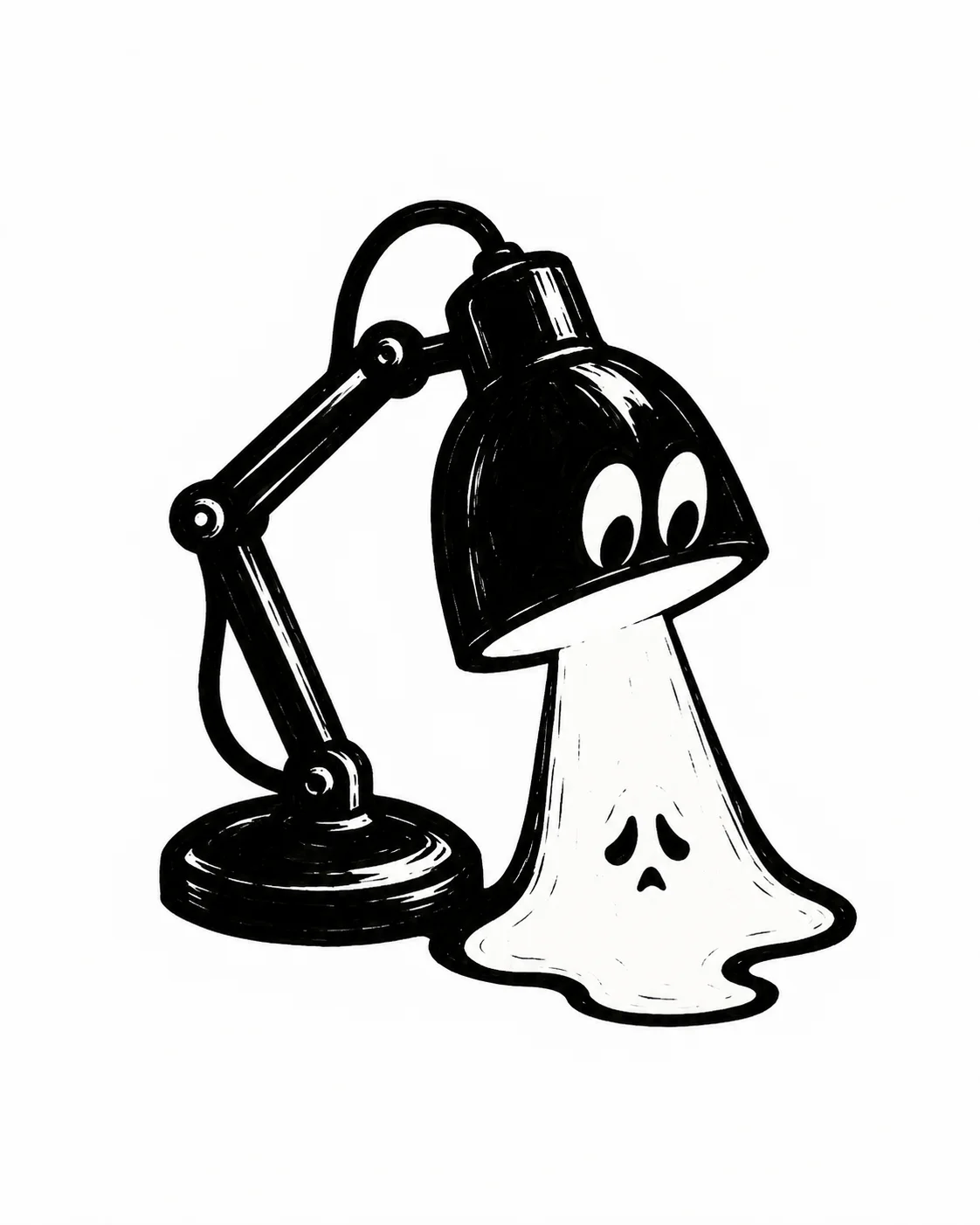 A desk lamp bending down to look at its own tiny ghost-shaped pool of white light. Black ink tattoo design on white.