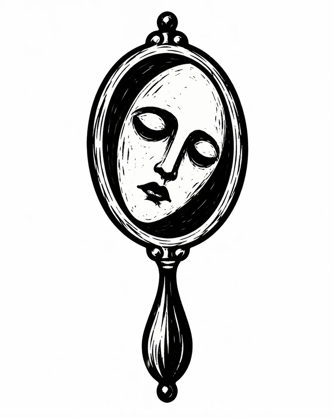 A simple oval hand mirror reflecting a moonlike melancholy face. Black ink tattoo design on white.