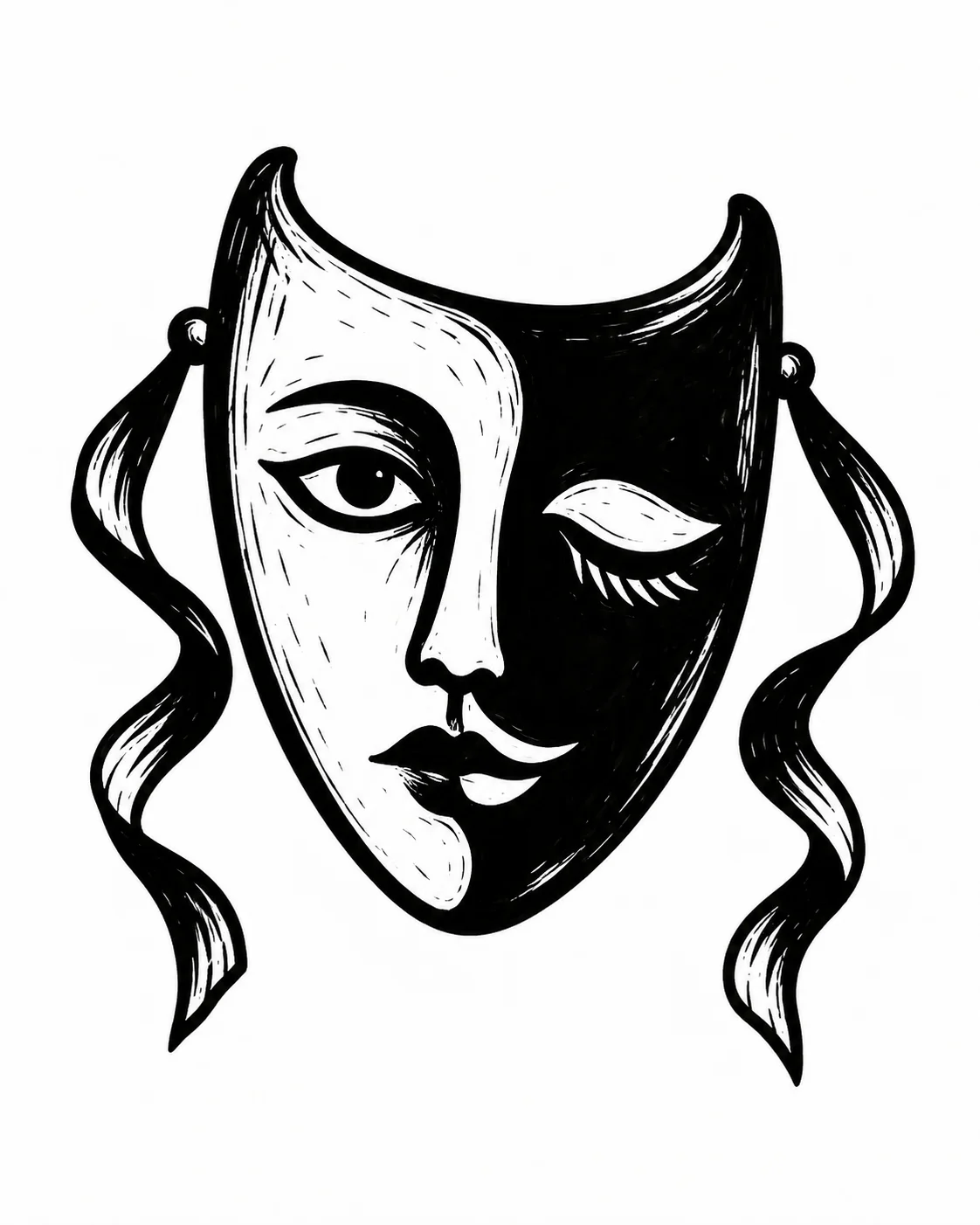 A two-sided theatrical mask with one eye open and the other closed. Black ink tattoo design on white.