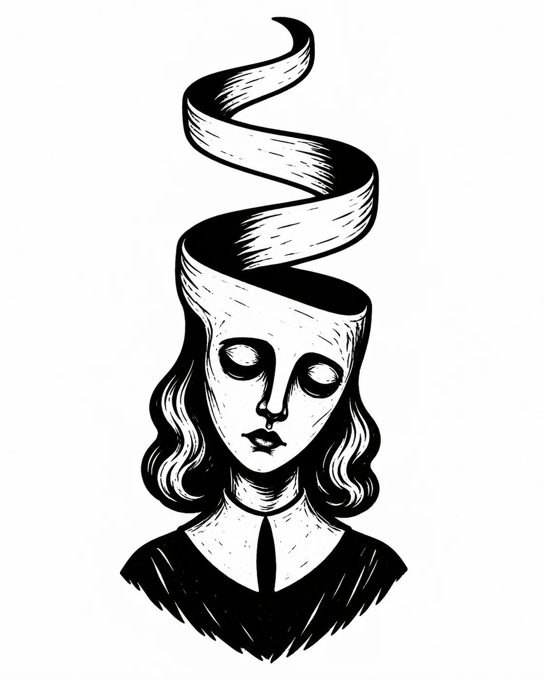A bust whose tall head unwinds into one broad ribbon. Black ink tattoo design on white.