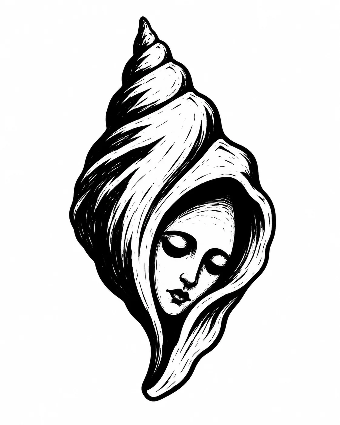 A small face tucked into the opening of a large shell. Black ink tattoo design on white.