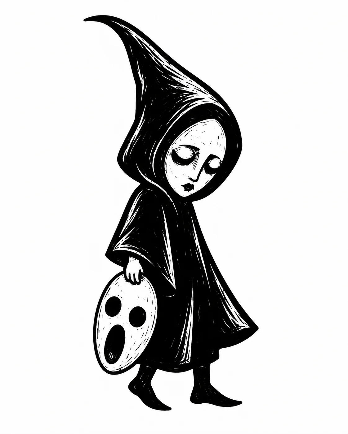 A little hooded figure carrying a plain oval mask at its side. Black ink tattoo design on white.