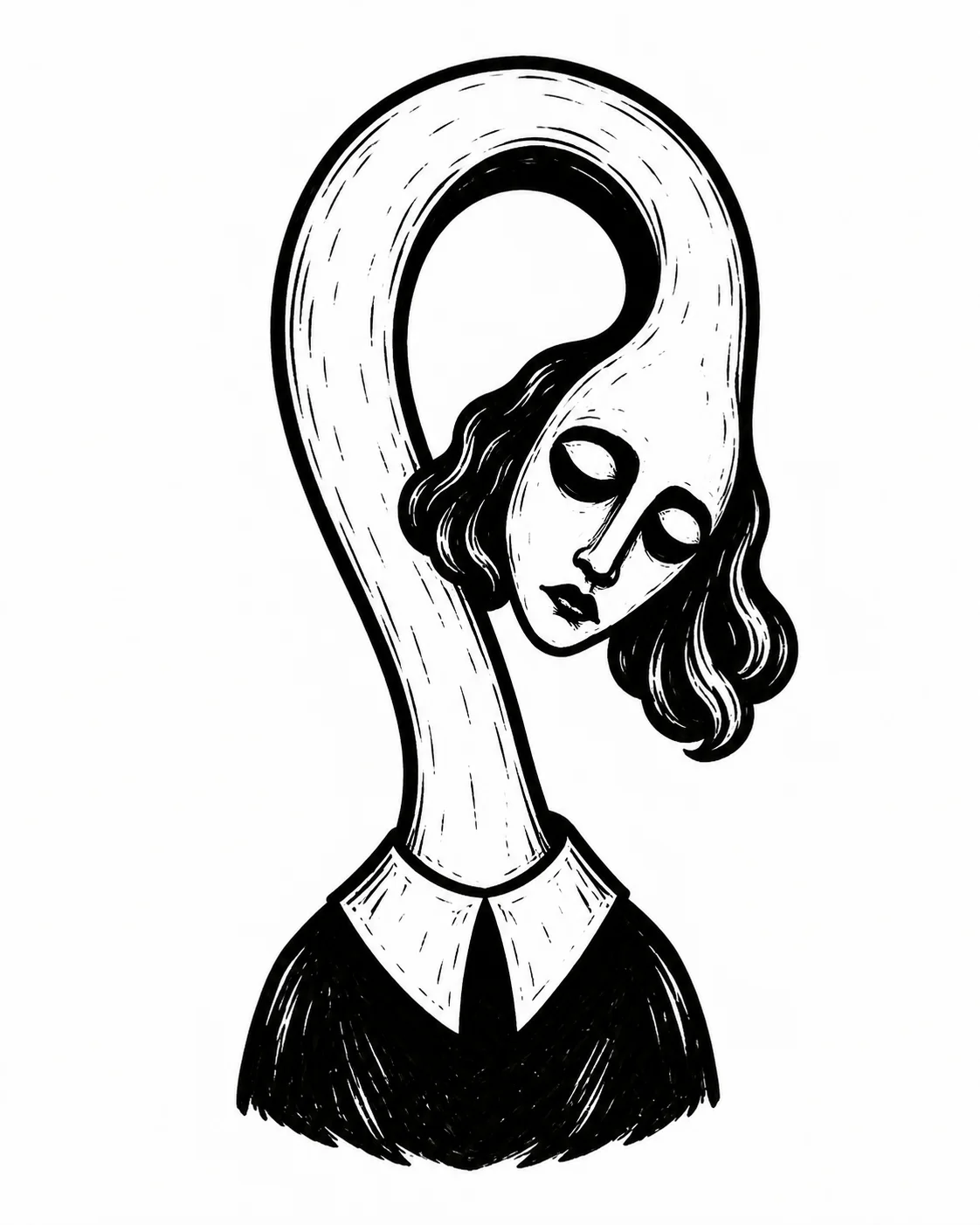 A long-necked melancholy character with its head bent into a loose loop. Black ink tattoo design on white.