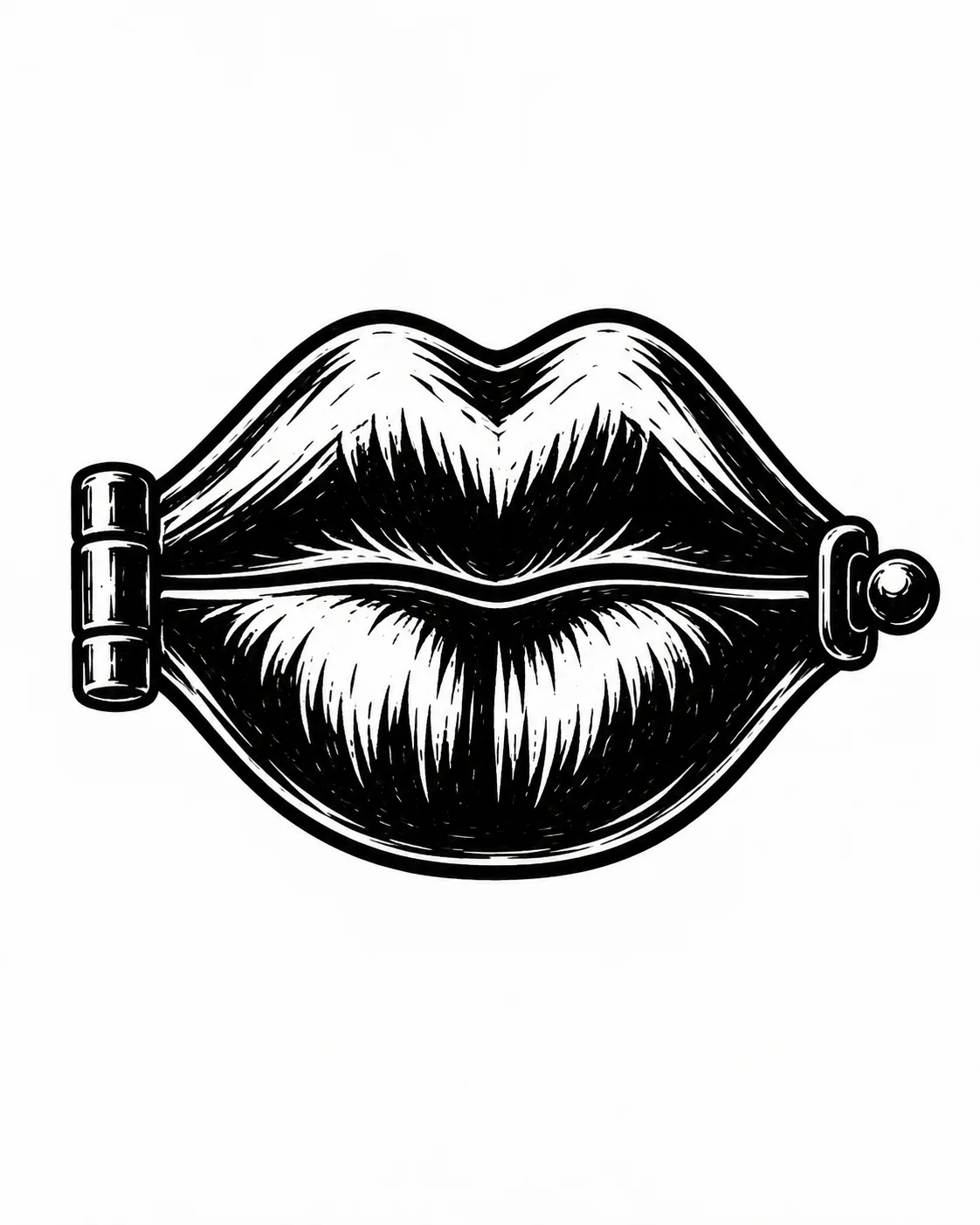A closed mouth-shaped locket with one large hinge and clasp. Black ink tattoo design on white.