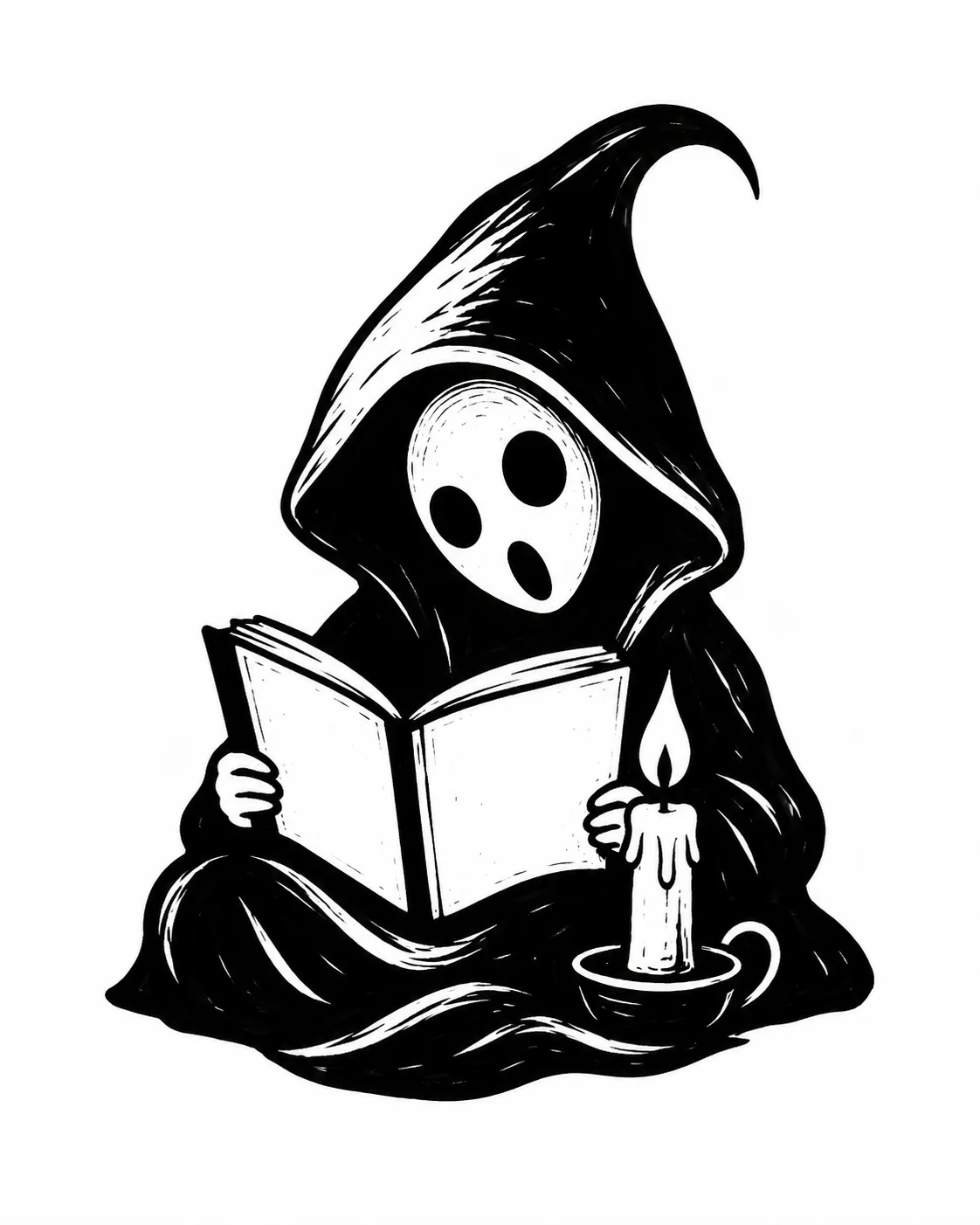 A hooded little figure reading a blank open book by a tiny candle. Black ink tattoo design on white.