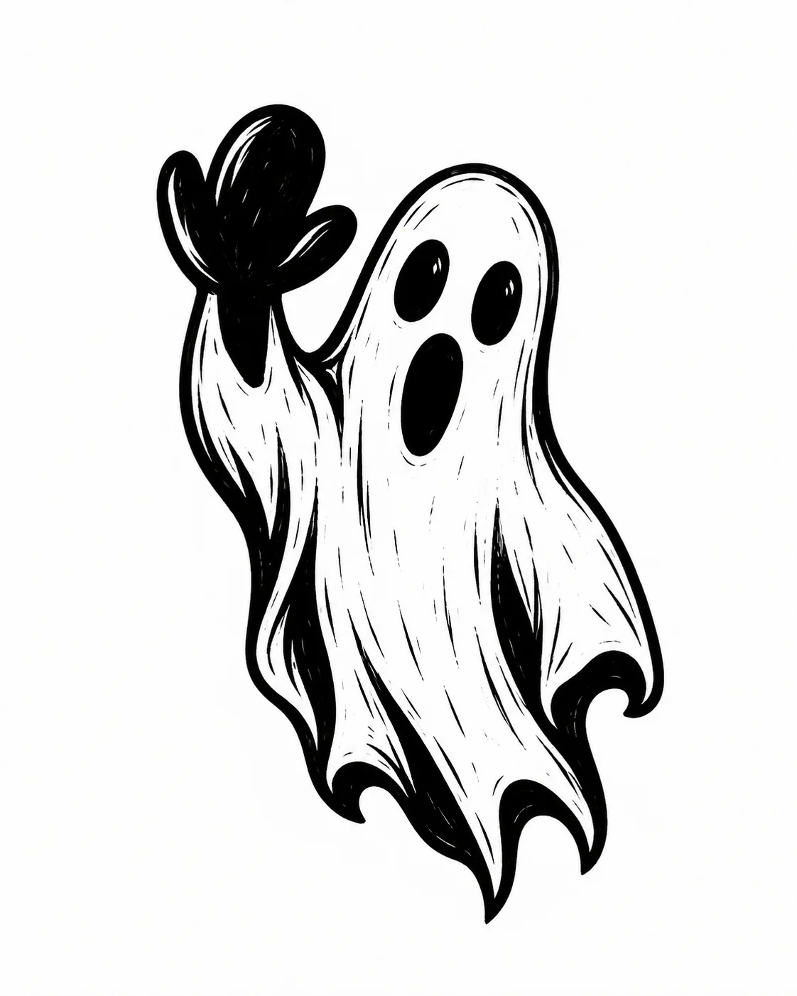 A ghost waving one oversized mitten-shaped hand. Black ink tattoo design on white.