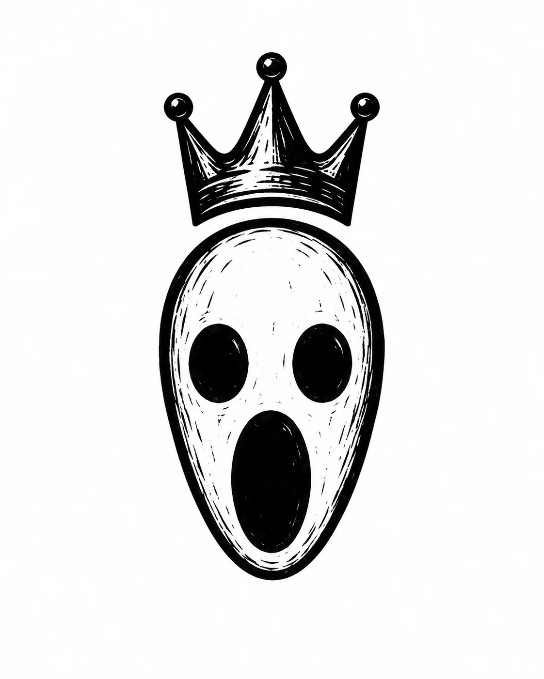 A small black crown resting above a simple hollow oval face. Black ink tattoo design on white.