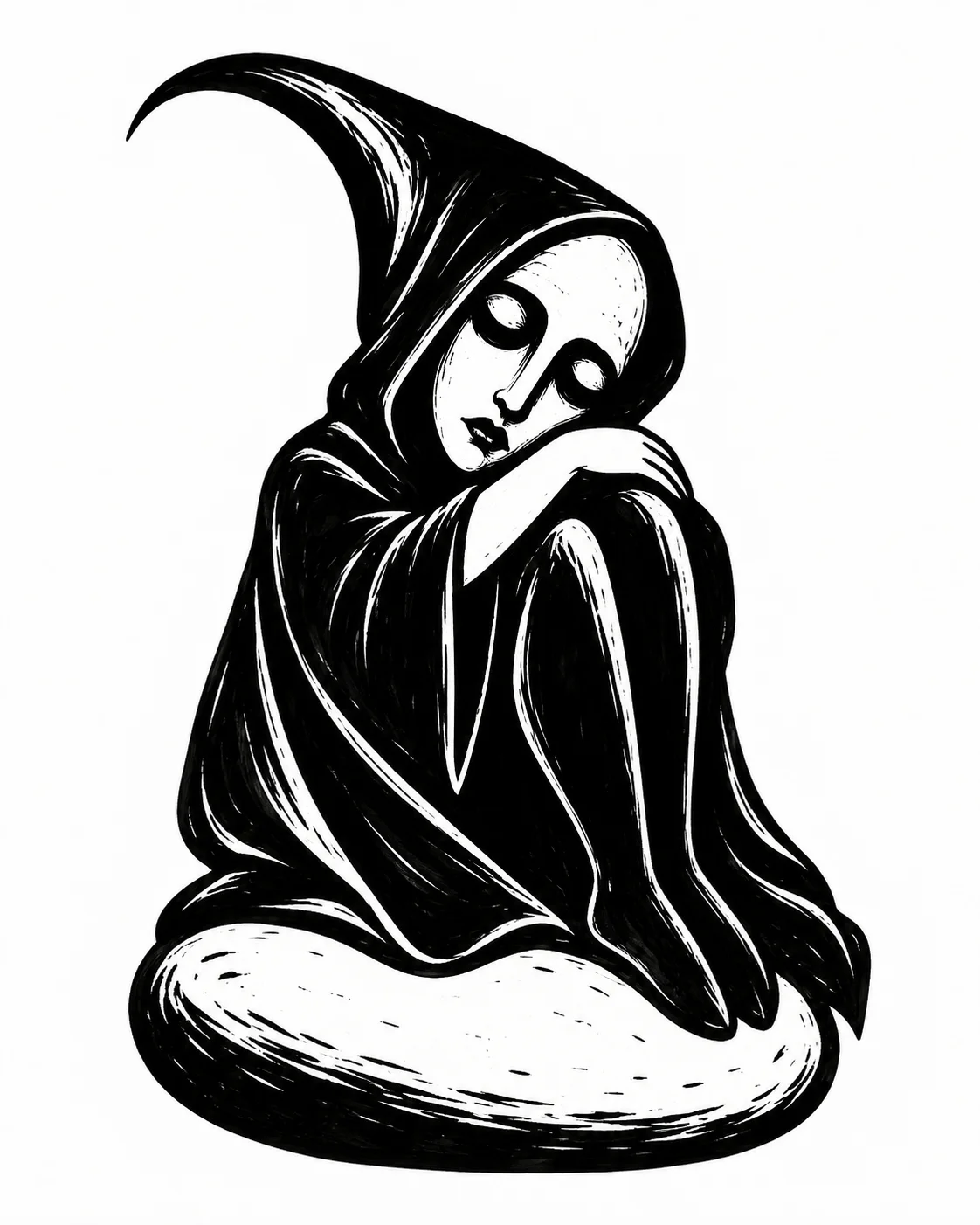 A cloaked figure sitting on a single smooth pebble, head resting on knees. Black ink tattoo design on white.