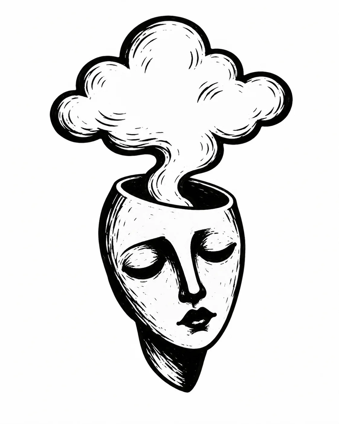 A sleepy face with the top of its head opening into one cloud. Black ink tattoo design on white.