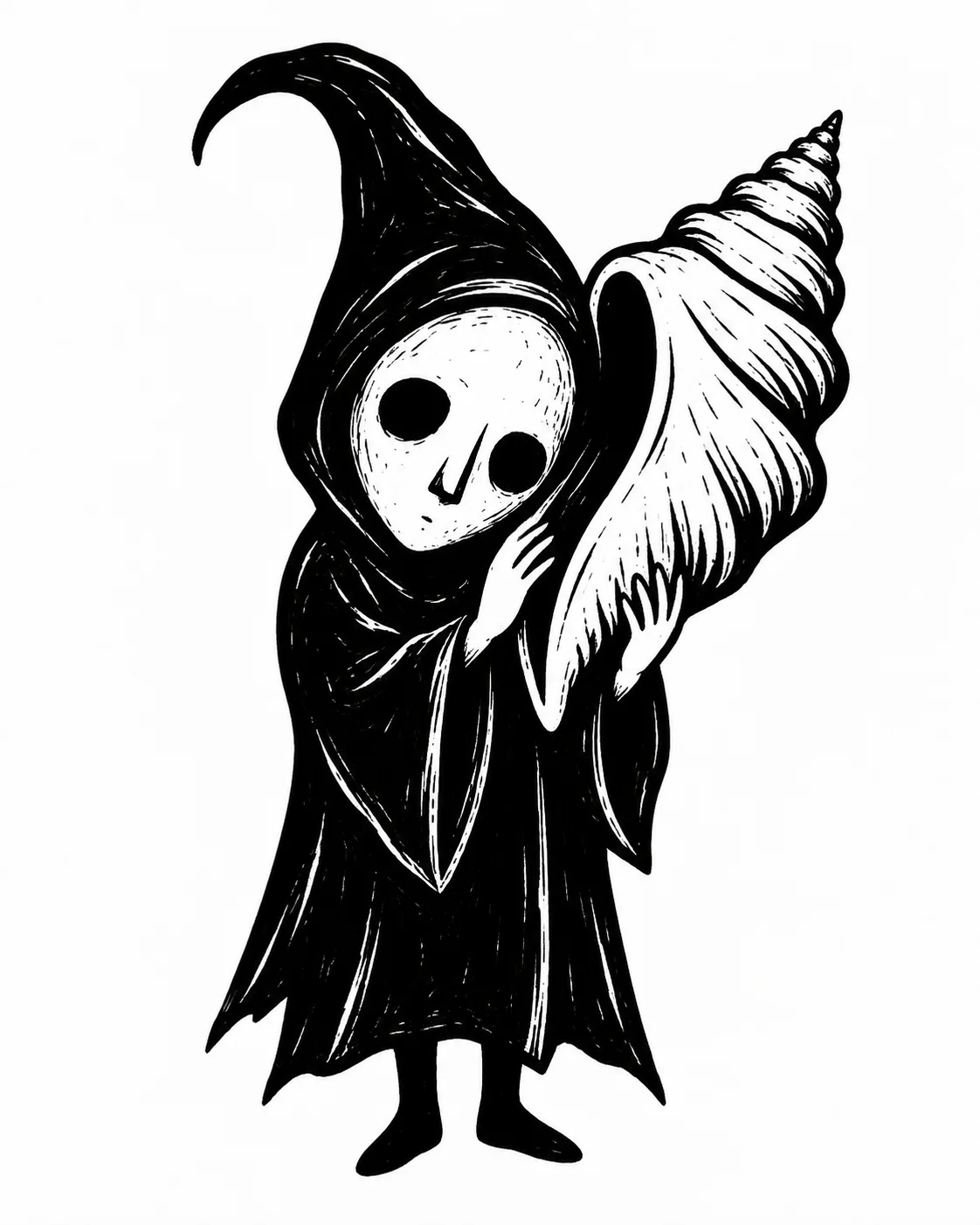 A little hooded creature holding an oversized seashell to its ear. Black ink tattoo design on white.