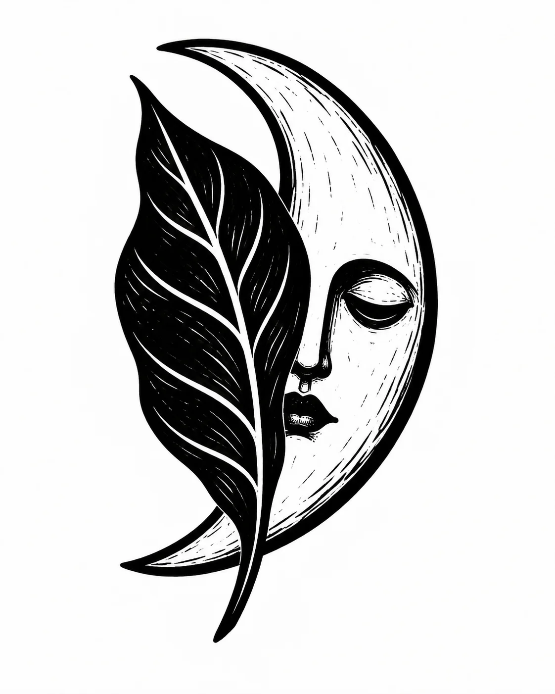 A crescent moon hiding half its face behind a broad leaf. Black ink tattoo design on white.