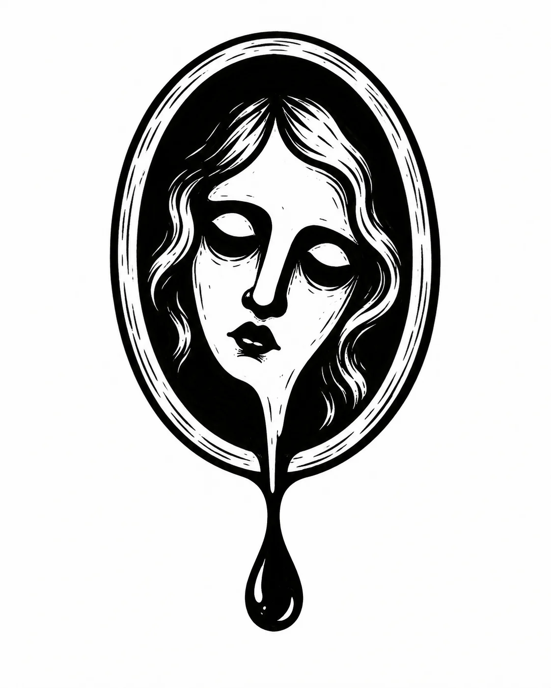 An oval frame containing a face that trails into a single ink droplet. Black ink tattoo design on white.