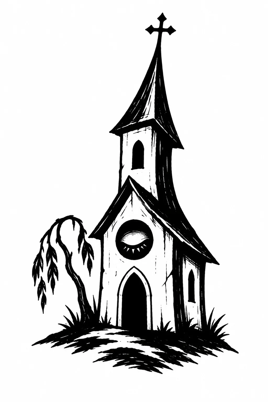 A very simple crooked chapel with a sleepy eye as its round window. Black ink tattoo design on white.
