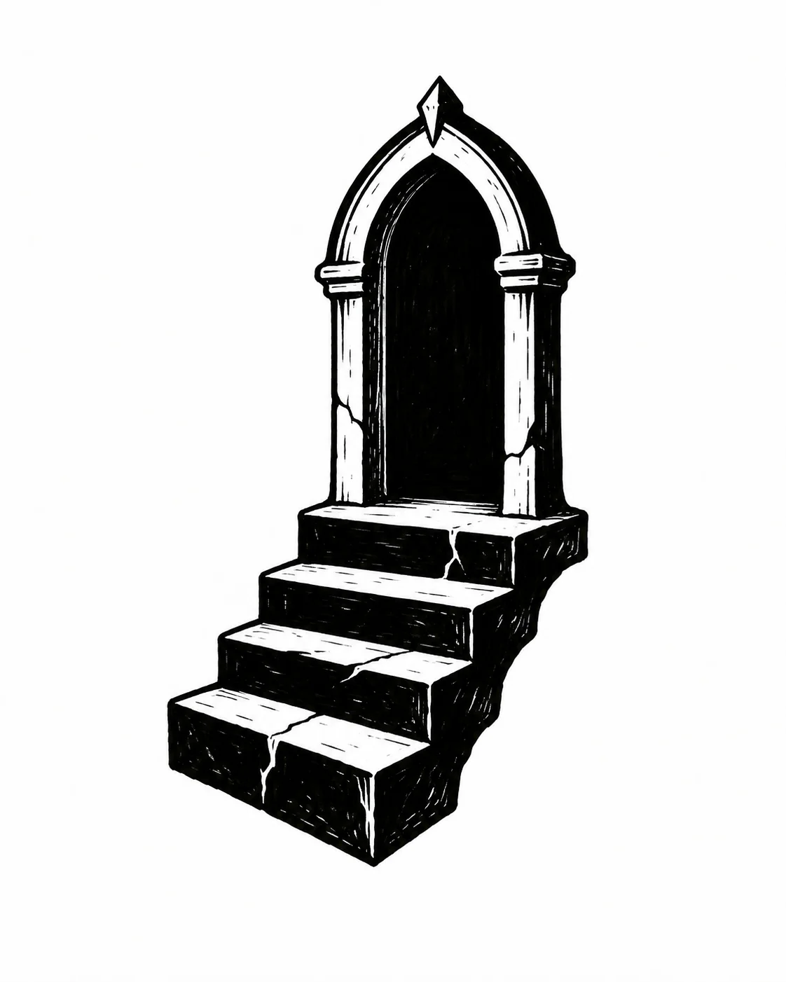A short staircase rising into a freestanding arched black doorway. Black ink tattoo design on white.