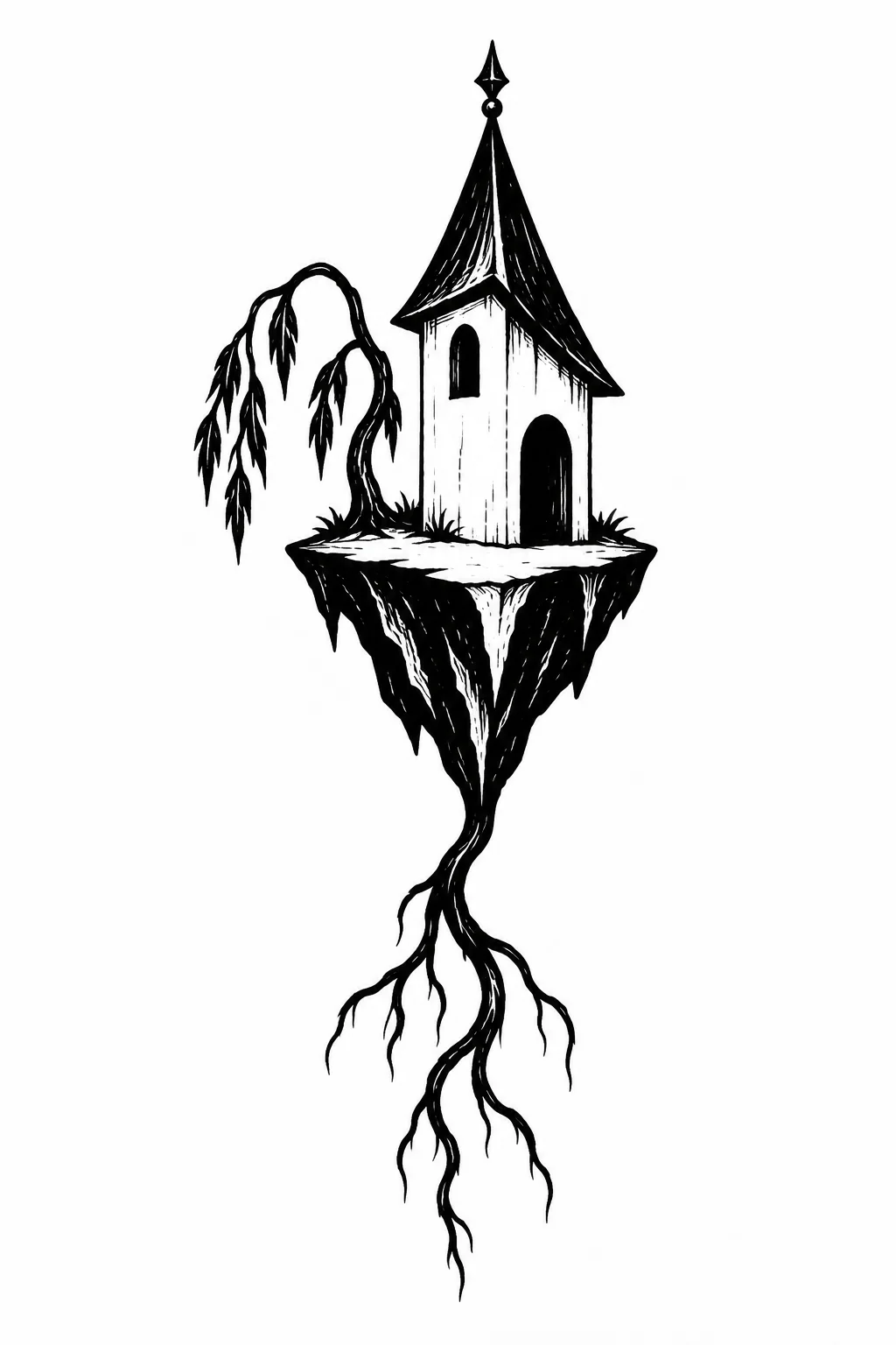 A tiny floating house on one pointed rock, a long loose root dangling below. Black ink tattoo design on white.