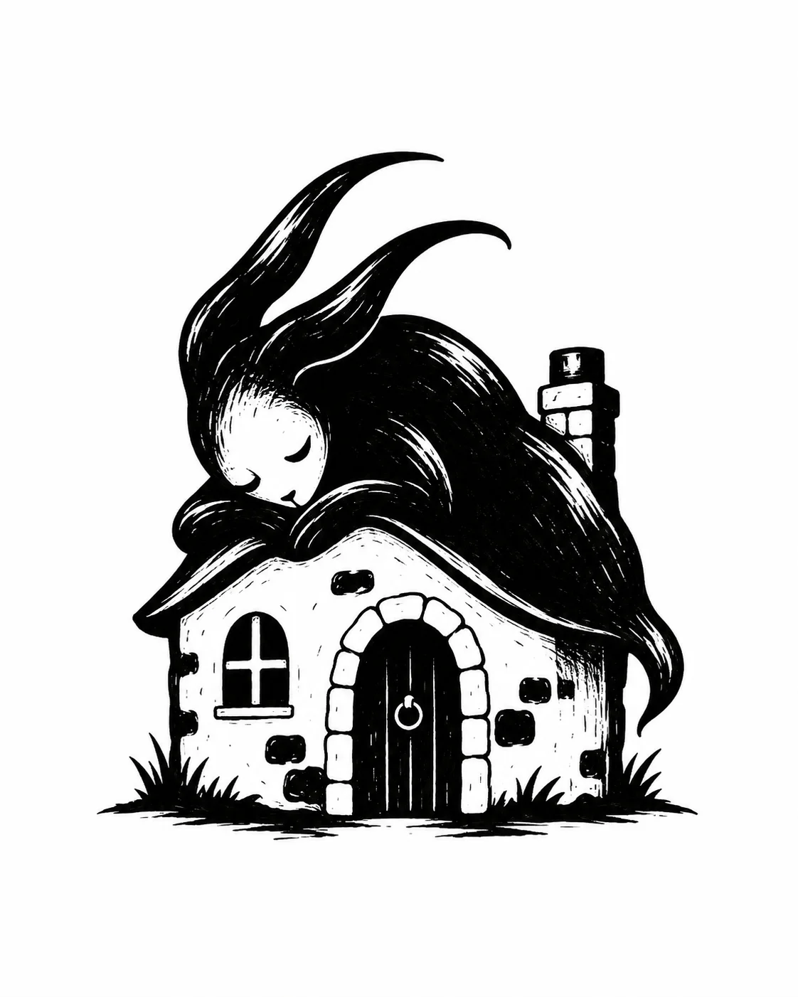 A small cottage whose roof is the hunched back of a sleeping creature. Black ink tattoo design on white.