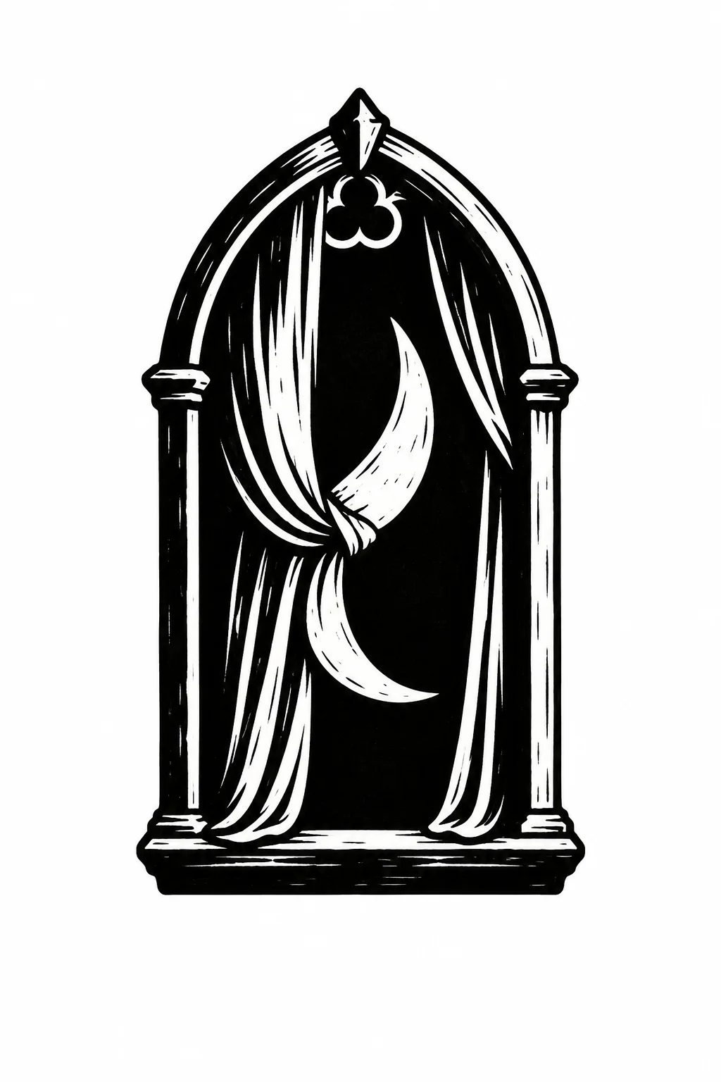 A black arched window with a white crescent caught in its curtain. Black ink tattoo design on white.