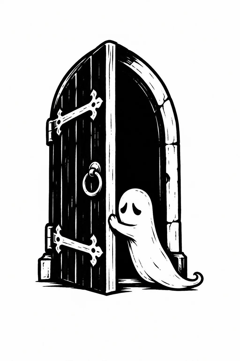 A tiny ghost stubbornly propping open one heavy door. Black ink tattoo design on white.