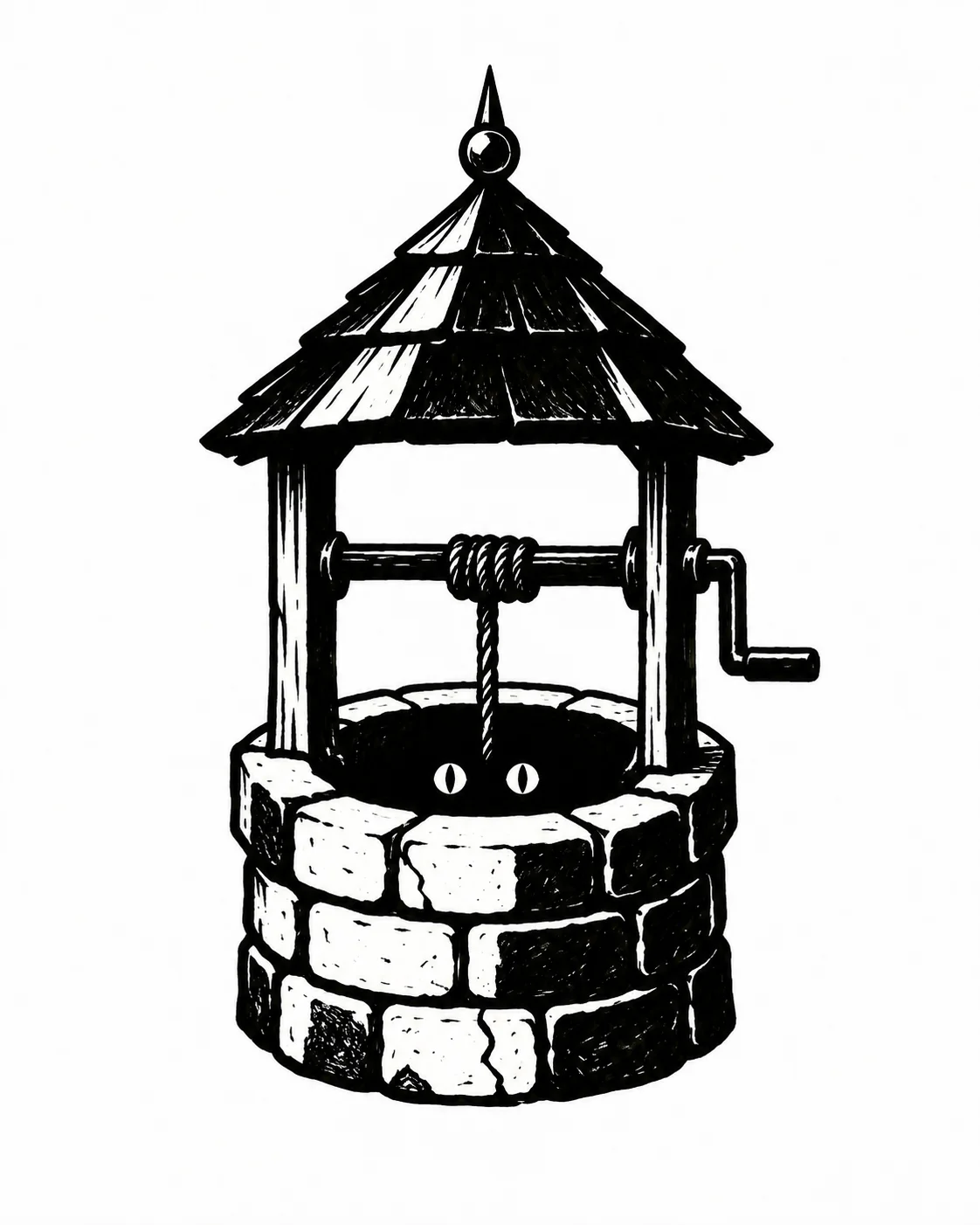 A simple squat stone well with two white eyes in the black opening. Black ink tattoo design on white.