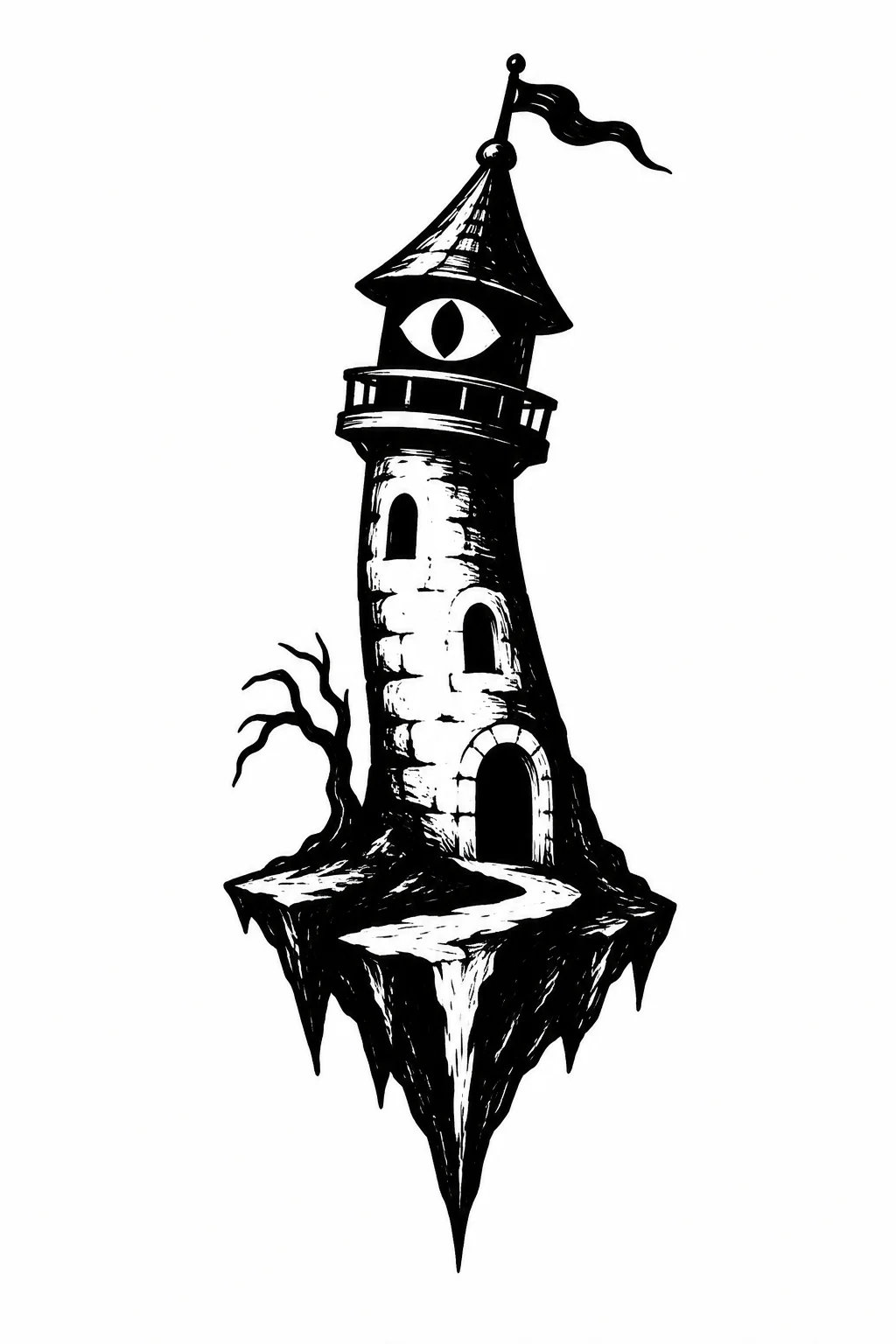 A miniature crooked lighthouse with a single white eye as its lantern. Black ink tattoo design on white.