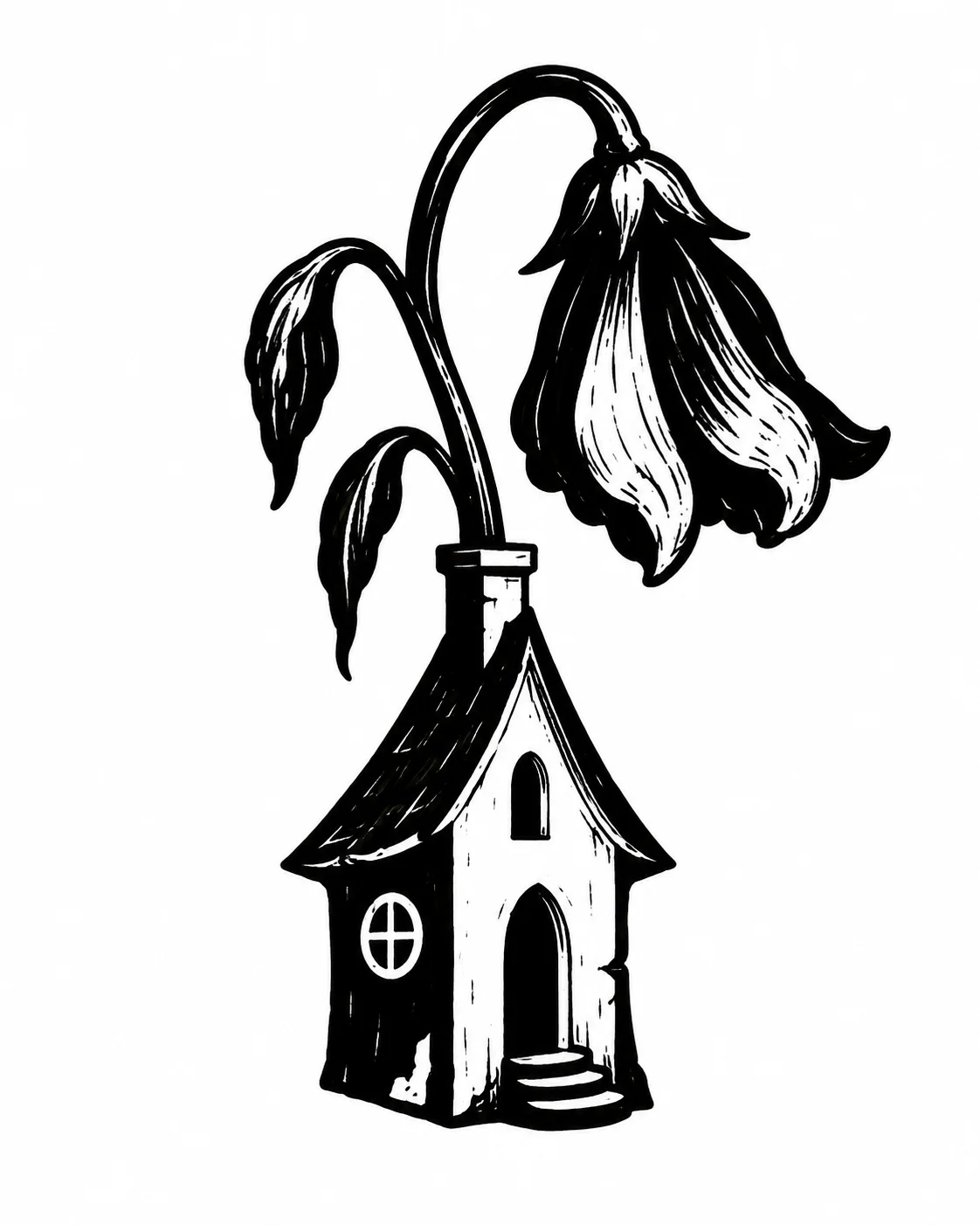 A little house sprouting one enormous drooping flower from its chimney. Black ink tattoo design on white.