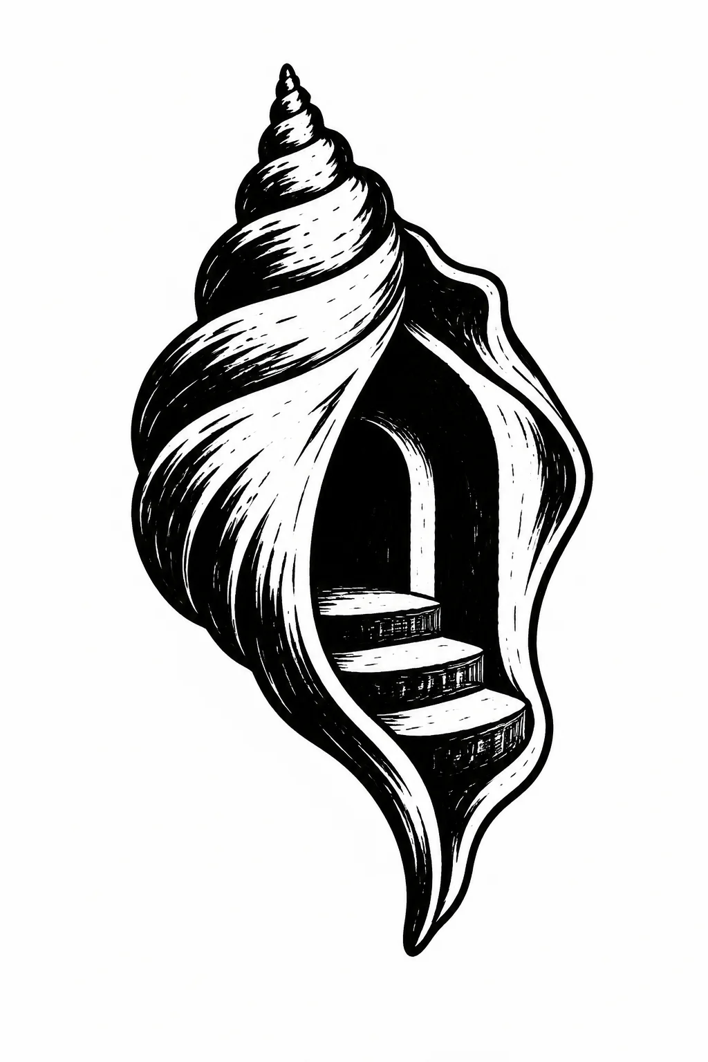 A spiral seashell opening onto three broad steps. Black ink tattoo design on white.