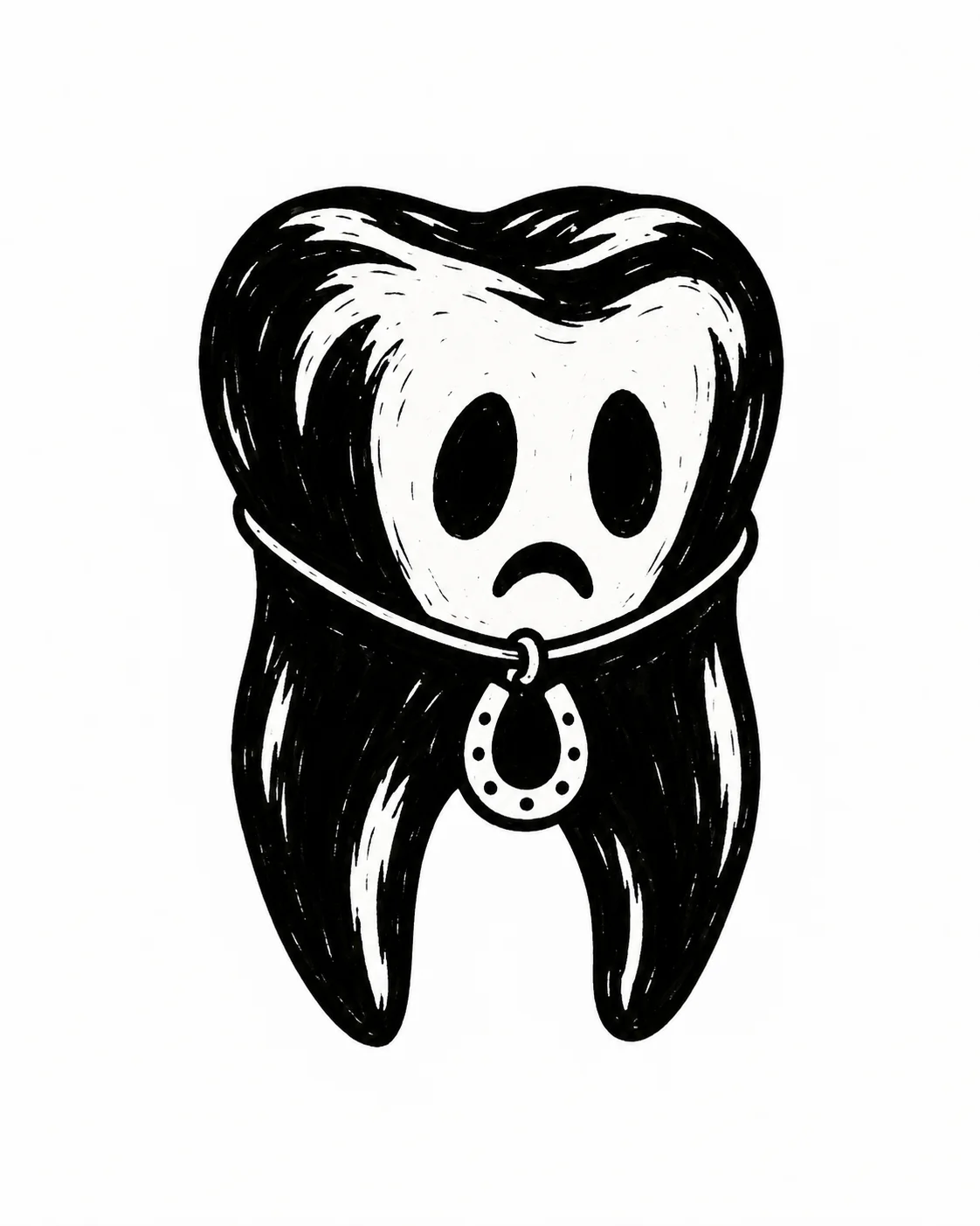 A large molar wearing a small simple horseshoe as a necklace. Black ink tattoo design on white.