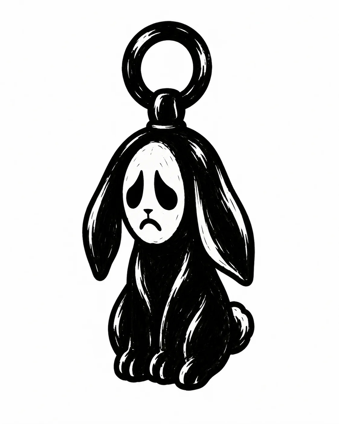 A rabbit-shaped charm with a sad face and a large plain hanging loop. Black ink tattoo design on white.