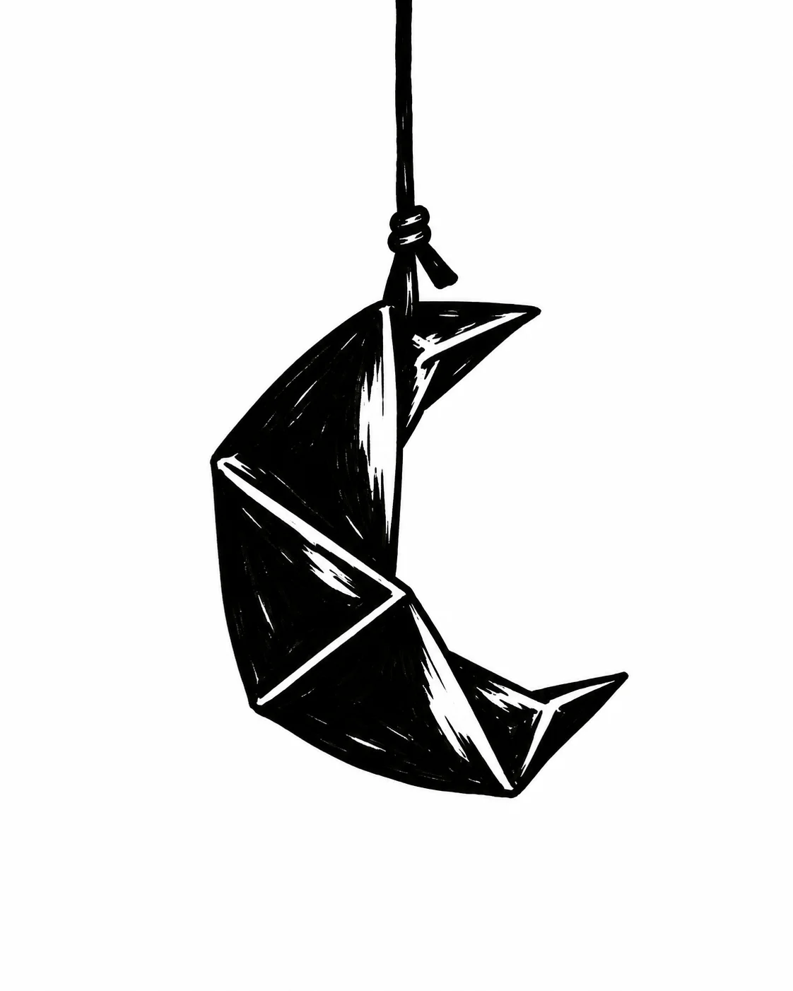 A folded paper crescent suspended from one simple string. Black ink tattoo design on white.