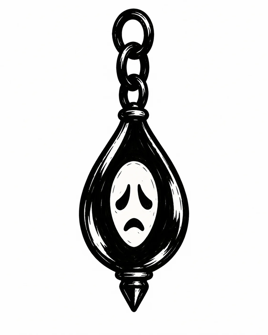 A melancholy face inside a teardrop pendulum with a short chain of three links. Black ink tattoo design on white.