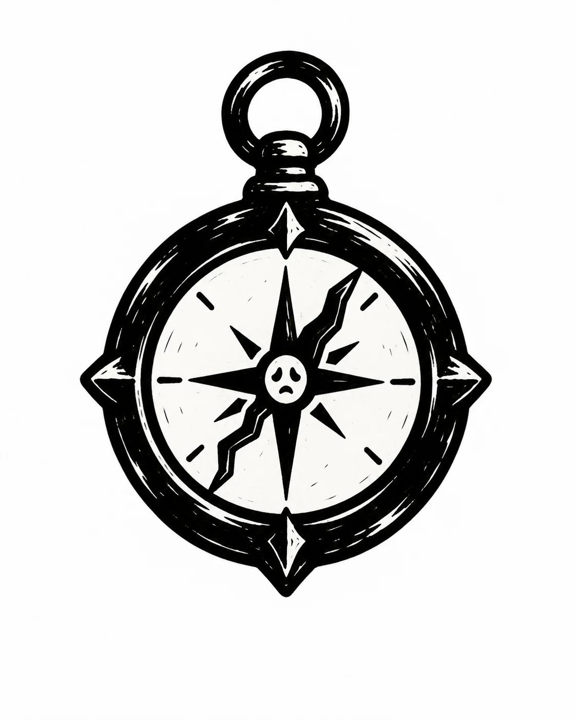 A compass with one crooked needle and a tiny ghost face at its center, no letters. Black ink tattoo design on white.