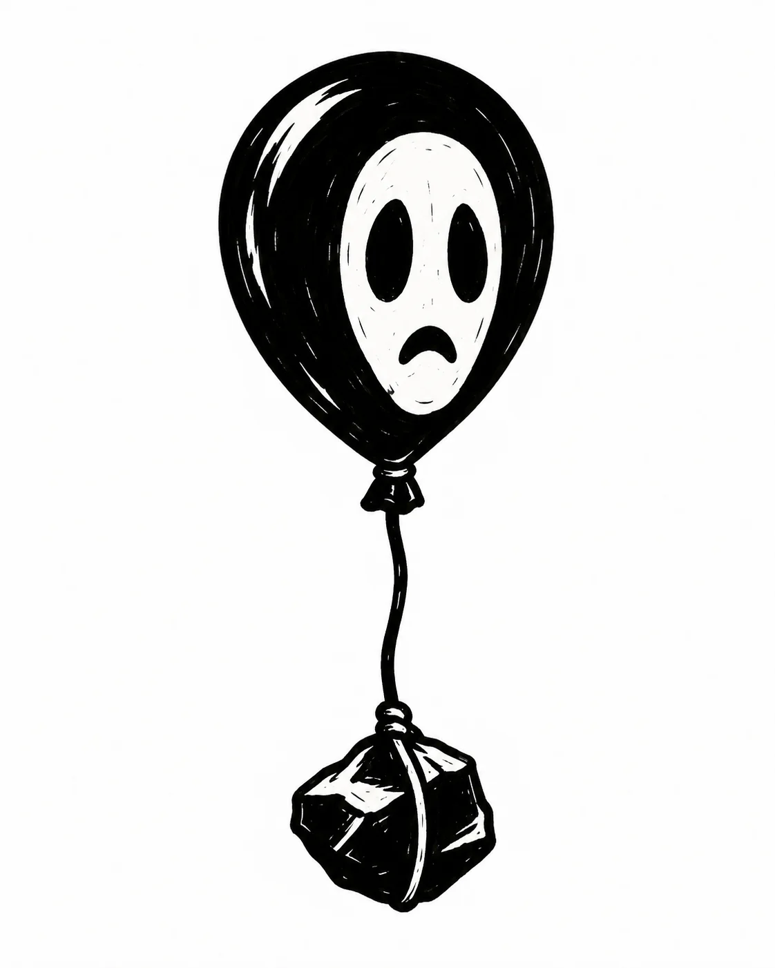 A black balloon with a white masklike face, tied to a small stone. Black ink tattoo design on white.