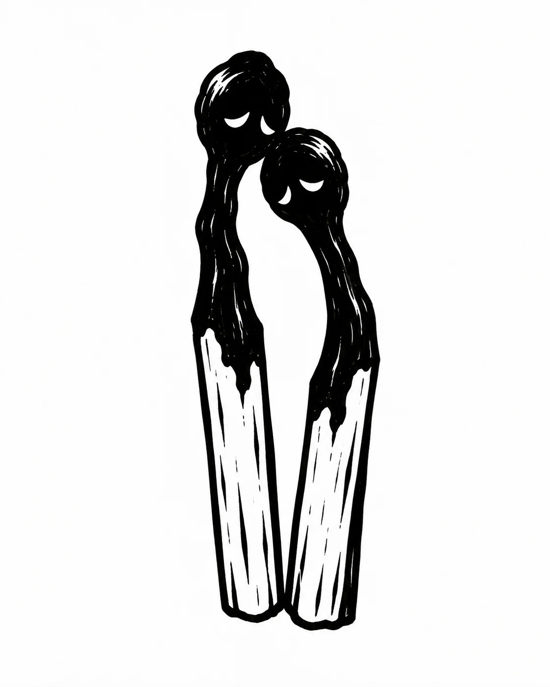 Two burnt matches leaning their heads together like tired companions. Black ink tattoo design on white.