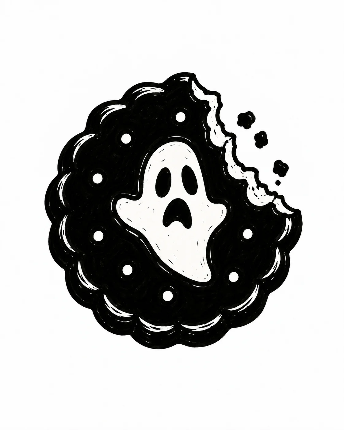 A bitten biscuit with a startled little ghost face in its remaining center. Black ink tattoo design on white.