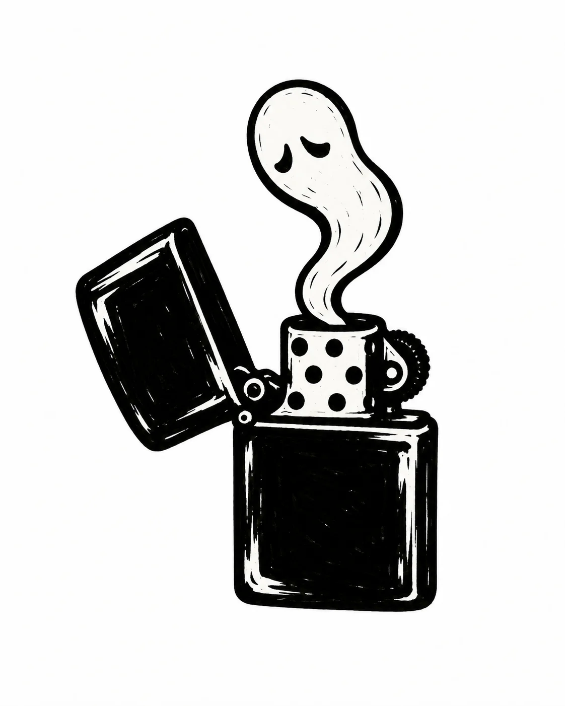 A flint lighter opening to reveal a small sleeping ghost instead of flame. Black ink tattoo design on white.