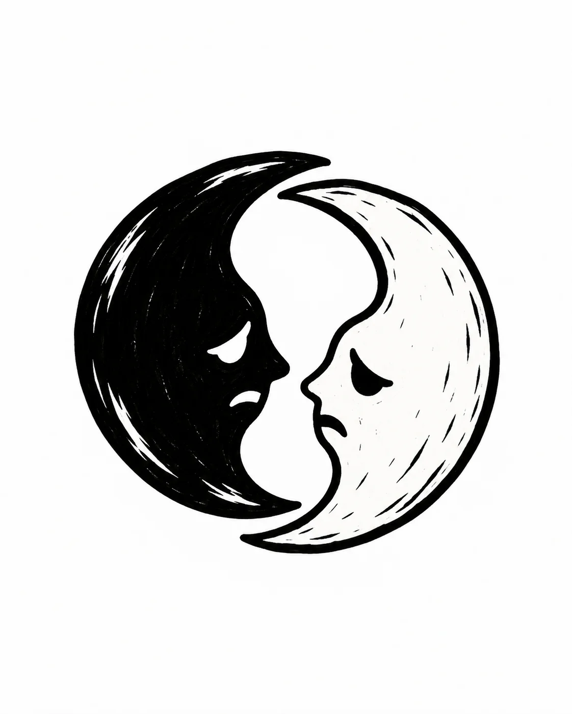 Two small melancholy crescent faces nearly touching, one black and one white. Black ink tattoo design on white.