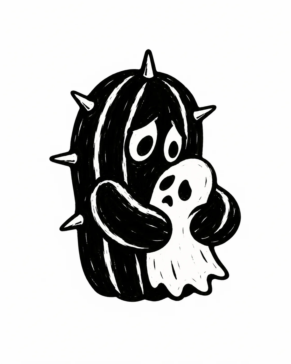 A squat cactus trying to hug a tiny ghost, just six widely spaced thick spines. Black ink tattoo design on white.