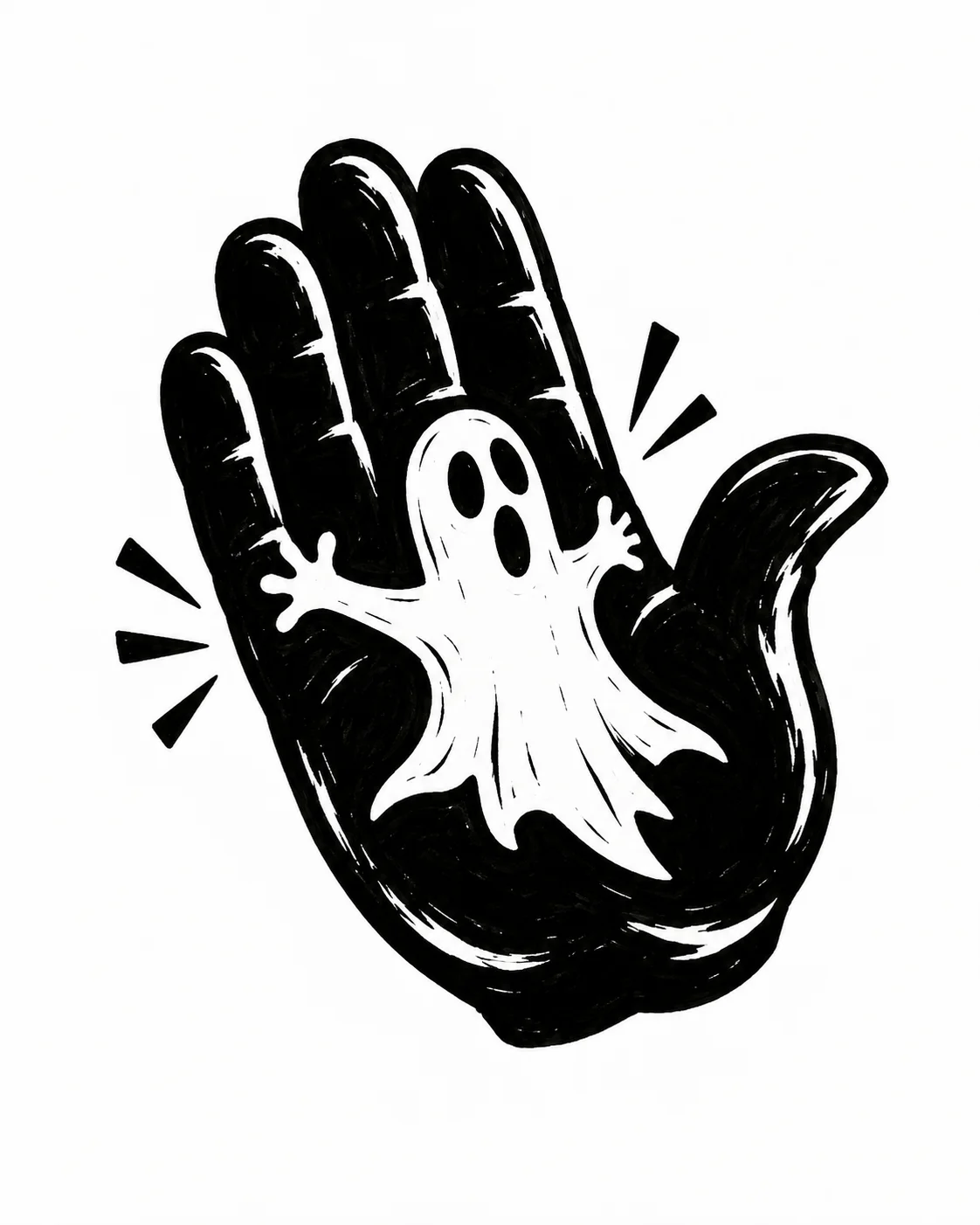 A startled little ghost flattened against the palm of an oversized playful hand, simple impact marks. Black ink tattoo design on white.