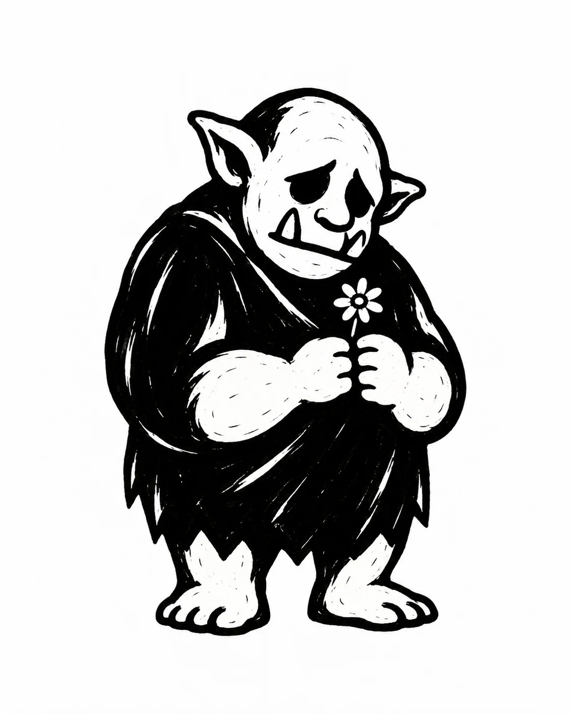 A squat bashful ogre with two blunt tusks holding a tiny daisy. Black ink tattoo design on white.