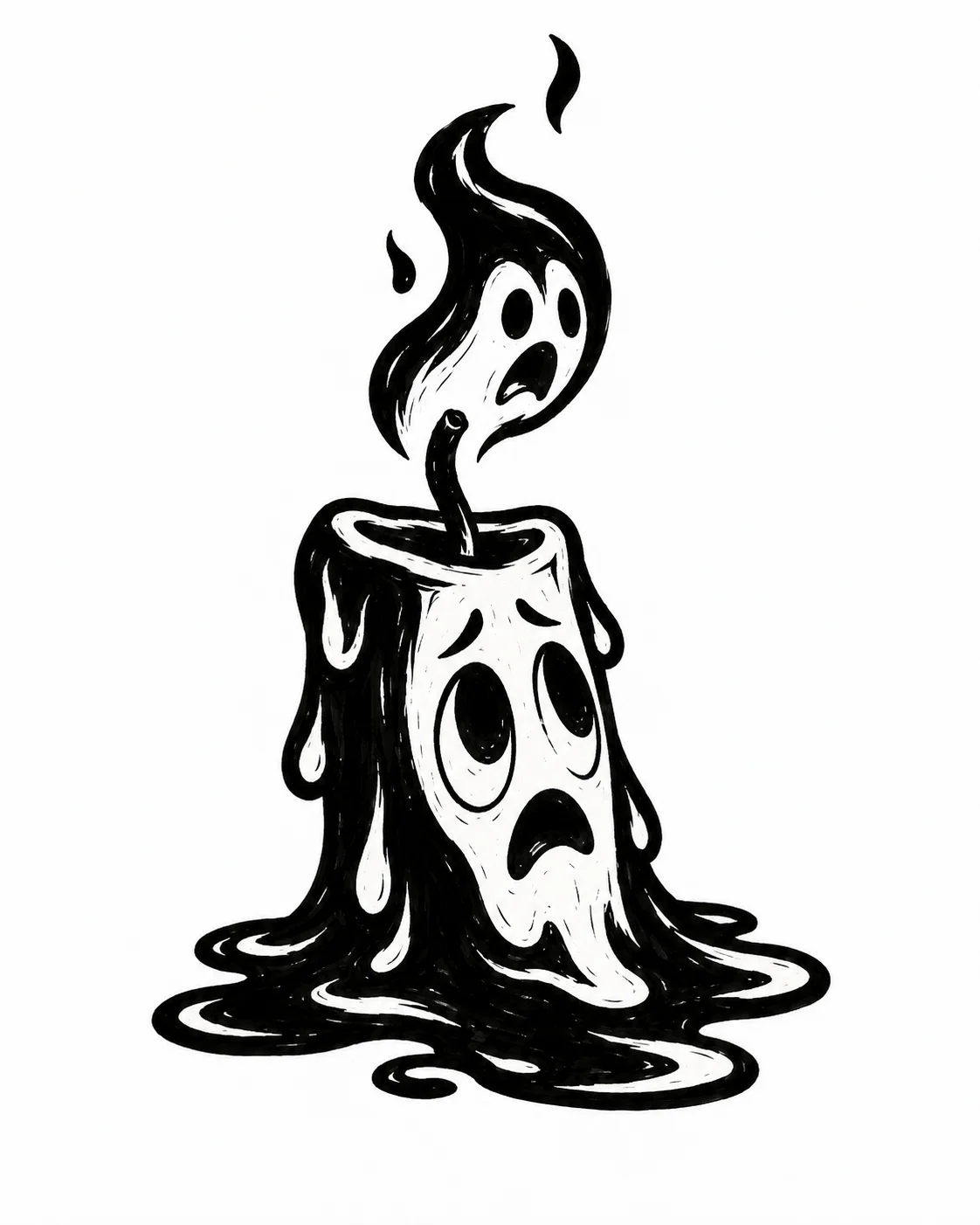 A wide-eyed candle character melting into a puddle while its ghost flame looks alarmed. Black ink tattoo design on white.