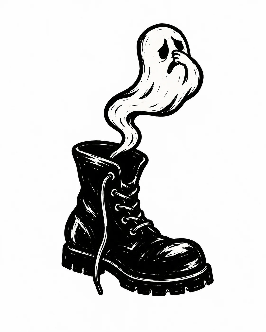 A black boot releasing one curling ghost-shaped odor wisp with a pinched face. Black ink tattoo design on white.