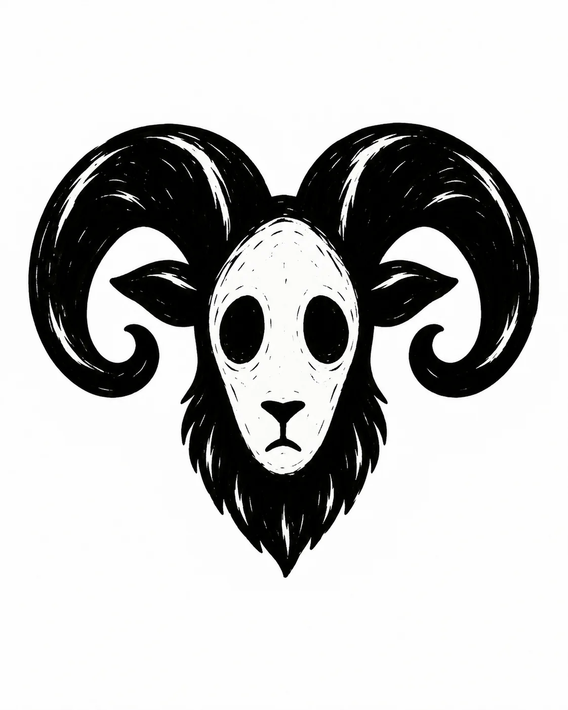 A solemn ram head with two large simple curling black horns and a white moonlike face. Black ink tattoo design on white.