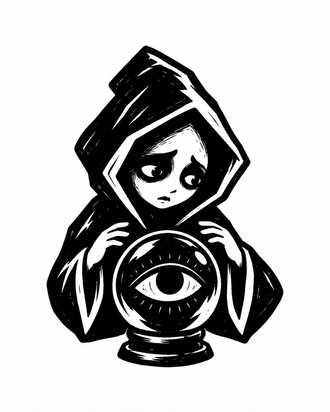 A little hooded oracle looking into a crystal ball containing one large eye. Black ink tattoo design on white.