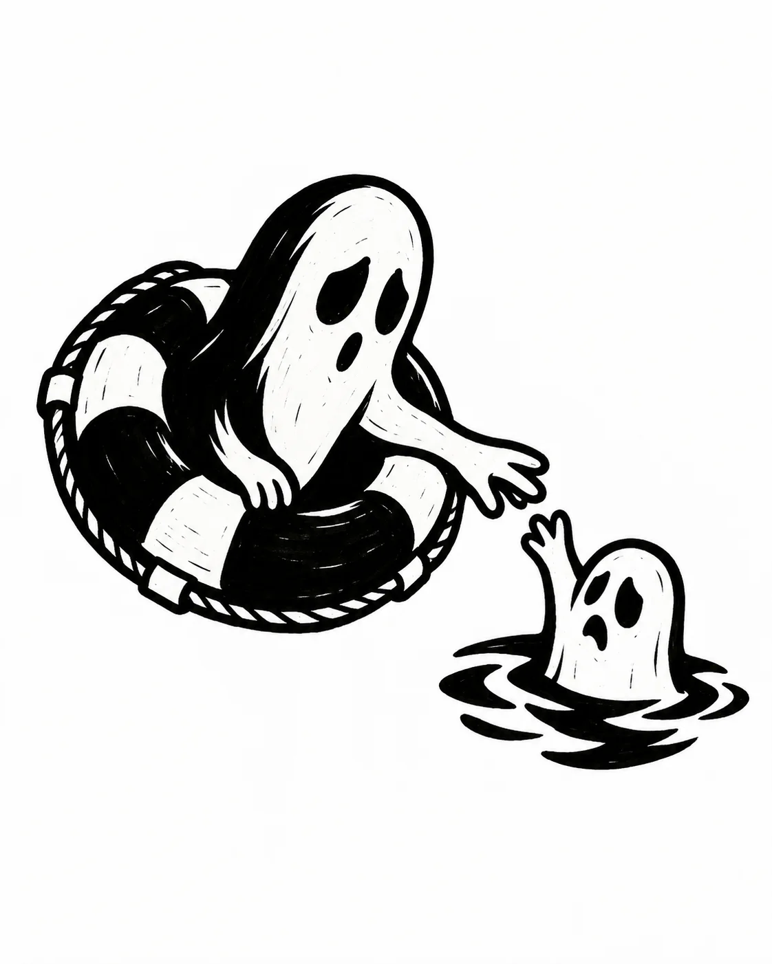 A ghost reaching out from a simple lifebuoy toward a smaller ghost, clear uncluttered silhouettes. Black ink tattoo design on white.