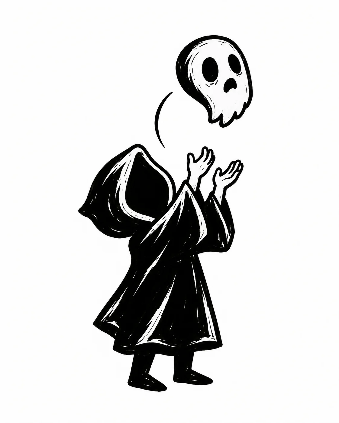 A little cloaked figure tossing its own round ghost head upward, one curved motion mark. Black ink tattoo design on white.