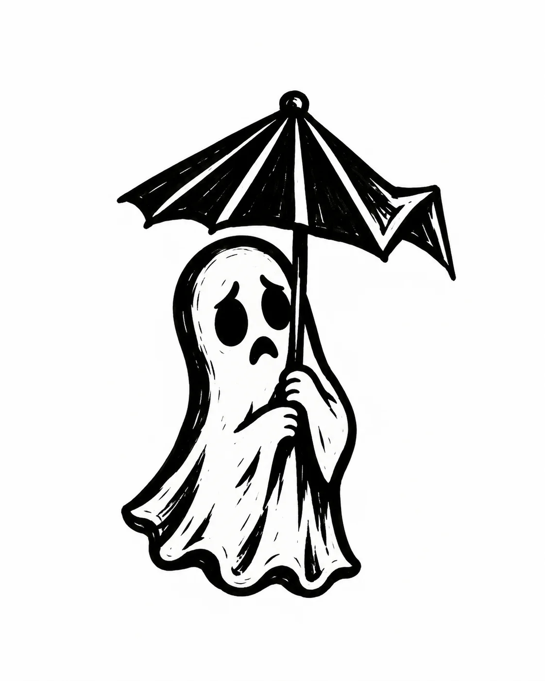 A small worried ghost holding a folded paper umbrella with one bent corner. Black ink tattoo design on white.
