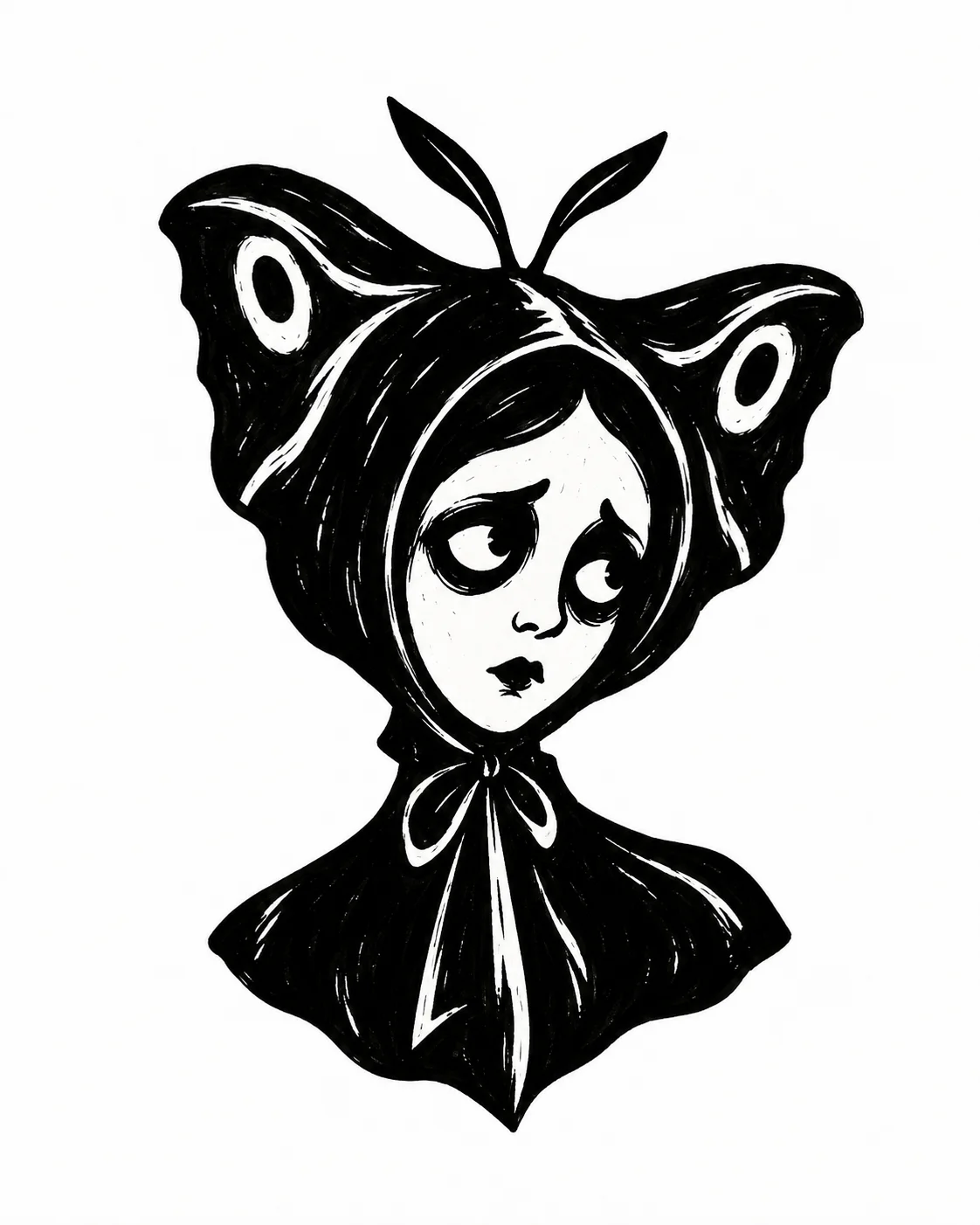 An elegant melancholy lady bust with a tall moth-shaped black bonnet and simple white face. Black ink tattoo design on white.