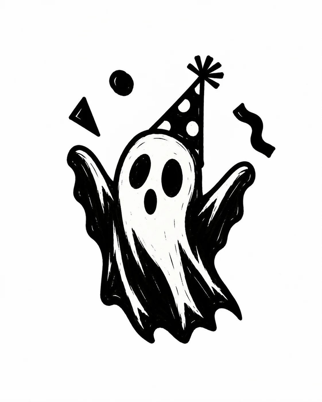 A small ghost raising both arms, wearing a crooked party hat, three large confetti shapes. Black ink tattoo design on white.